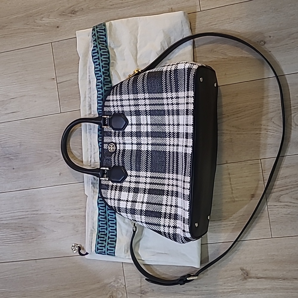 Tory Burch Black and White Plaid Satchel